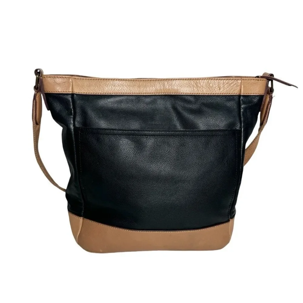 Margot black tan Colorblock Supple Leather Shoulder Bag Soft Slouchy Classic